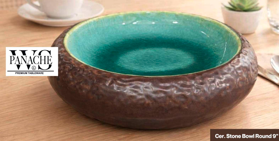 Green Brown Stone Bowl Hammered 9" Round
