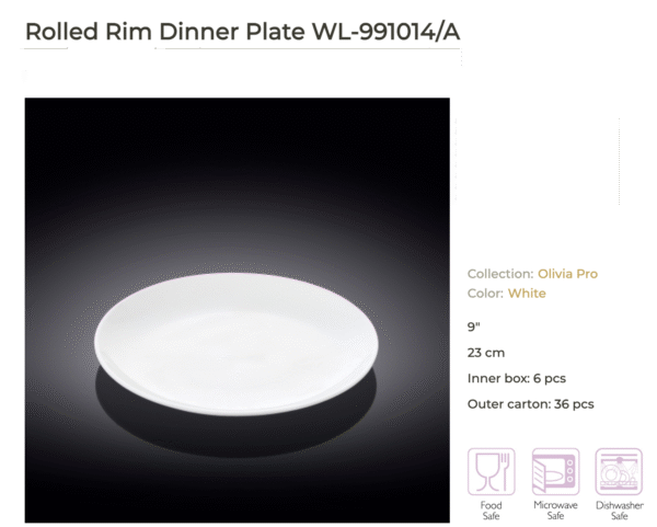 White Porcelain Dessert / Dinner Plate 9" Set of 6 - 991014