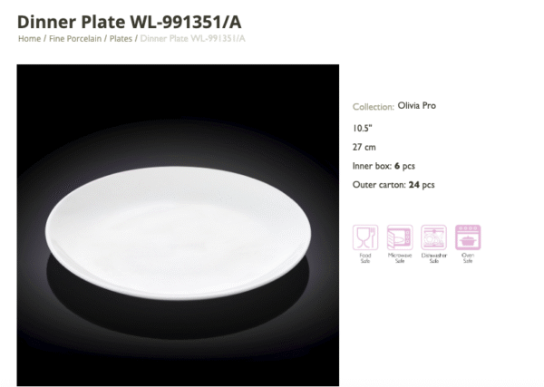 White Porcelain Dinner Plate 27 cm. Set of 6 -991351