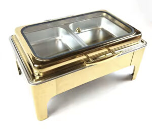 Steel Rectangle Glass Lid Chafer 9L Gold