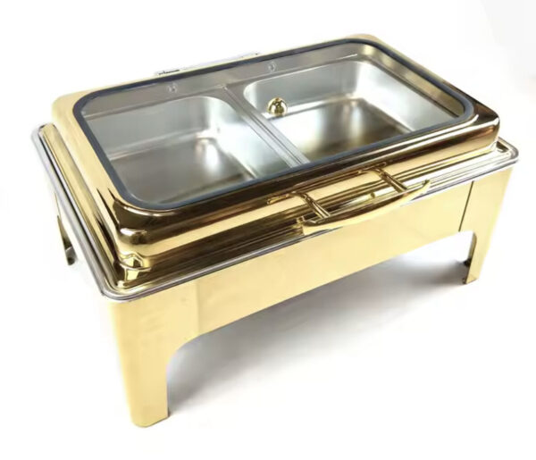 Steel Rectangle Glass Lid Chafer 9L Gold